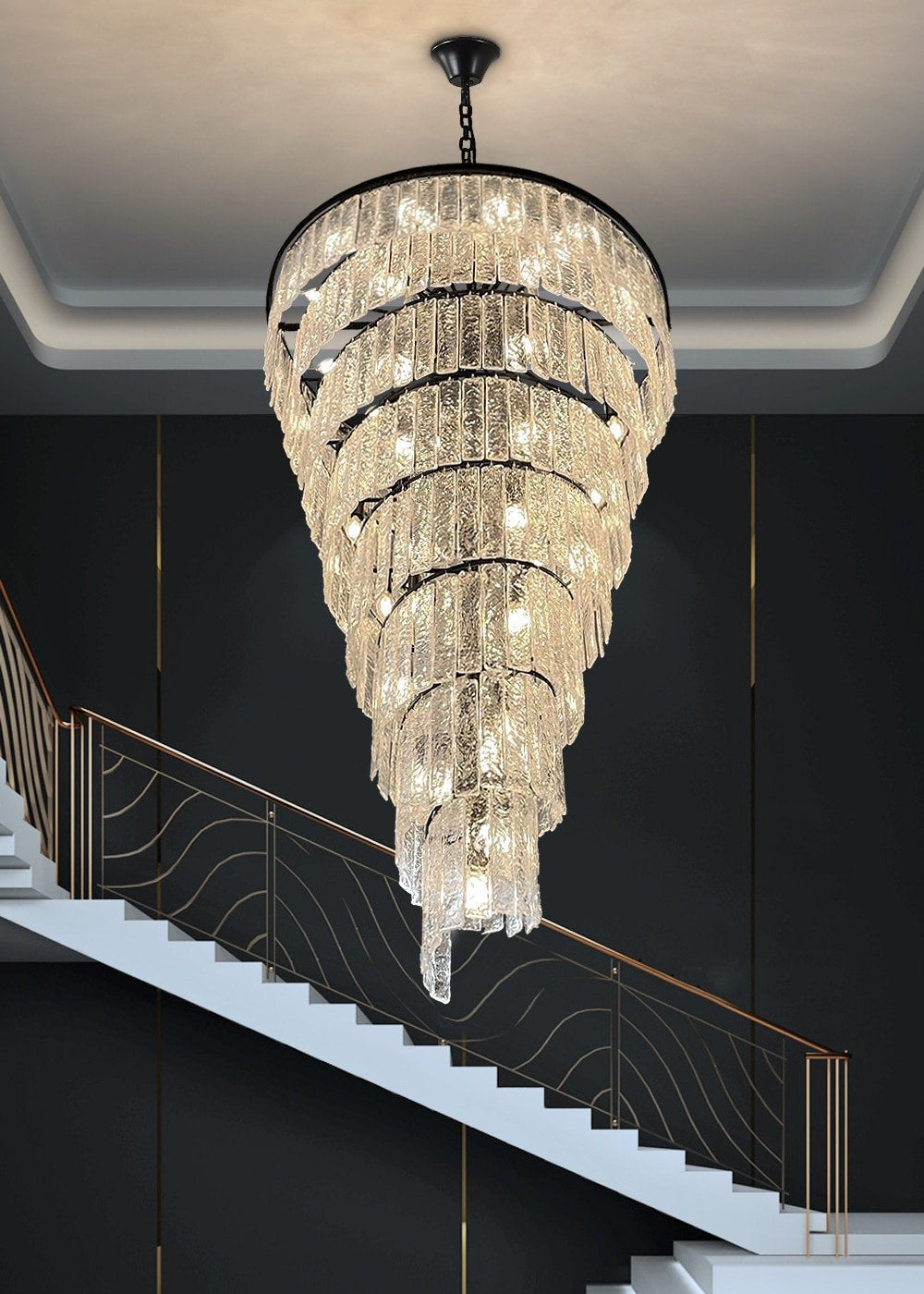 Frosted-Glass Black Ring Chandelier